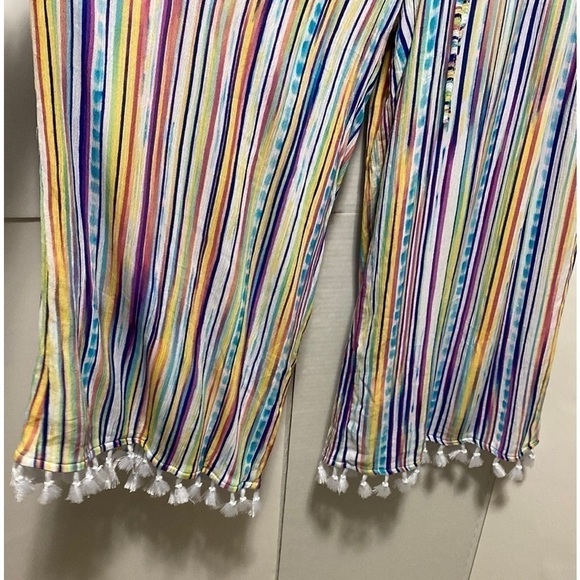 Hailey Lyn Rainbow Stripe Wide Leg Tassel Pants Multicolor Drawstring Sz Large - Picture 7 of 9